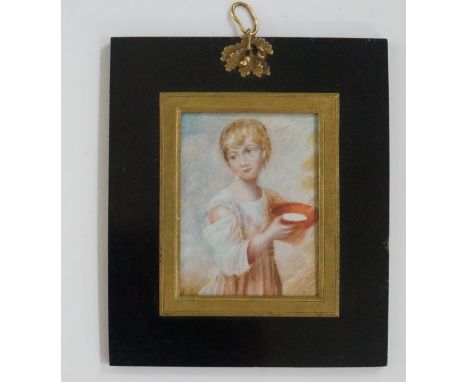 A 19th Century portrait miniature of a young child carrying a bowl of milk, watercolour on ivory, 9cm x 7cm with gilt metal s