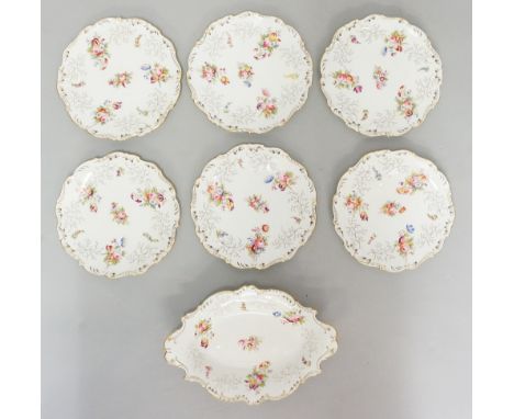 A Coalport part dessert service comprising: six plates and one shaped oval dish, each piece printed and painted with floral s