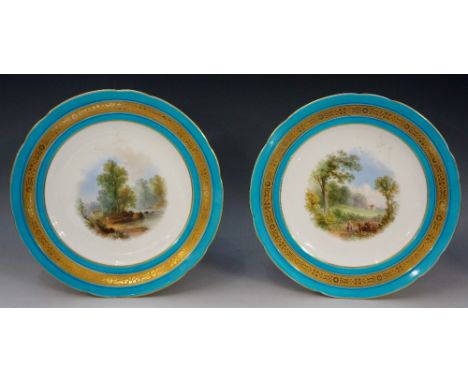 A pair of Minton shaped circular cabinet plates, each painted to the centres with a landscape scene with figures, turquoise a