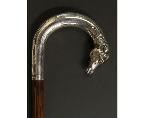 An Edwardian walking stick, the silver crook handle terminating with a cast and engraved horse's head, indistinct maker's mar