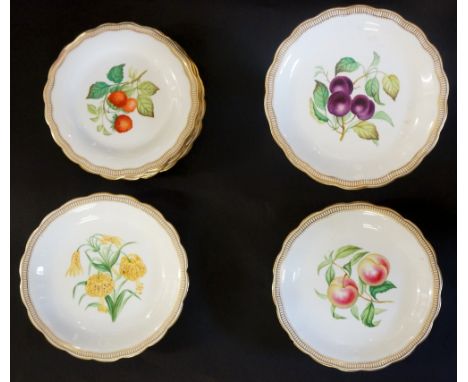 A Worcester dessert service comprising: two tazzas and a pedestal tazza and eight shaped circular plates, each piece painted 