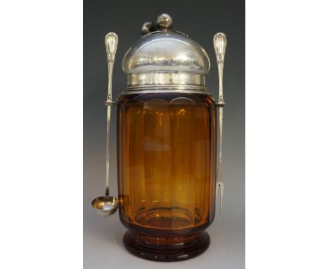 An early 20th century Josef Hoffman for Moser amber panel cut glass 'Kirchen Topf', with marked silver two-pronged fork and l