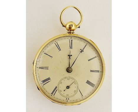 An 18 carat gold keyless lever pocket watch with engine turned back, the cream enamel dial with Roman numerals and subsidiary
