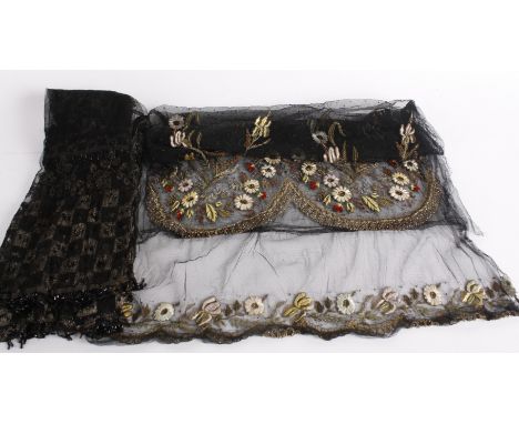 Two panels of fine black net woven with gold coloured metallic thread, edged with black glass beads and joined with ribbon (p