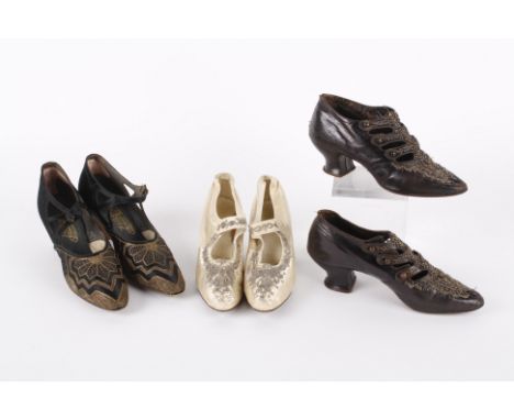 A pair of late 19th century cream satin wedding shoes with beaded silver decoration; together with a pair of late 19th centur