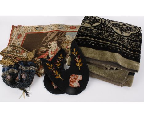 A collection of assorted textiles, including: a black and green chenille throw, a wool tapestry panel, a pair of tapestry sli