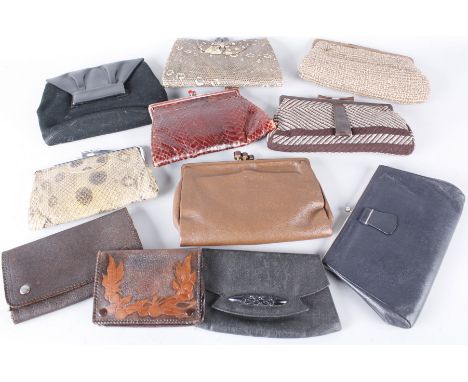 A collection of eleven vintage handbags, including: 1930s reptile skin clutch bags, a late 1930s woven wool clutch bag, a twe