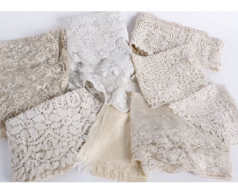 A collection of 19th and early 20th century lace and textiles, including: Carrickmacross lace lengths, Irish crochet lace, a 