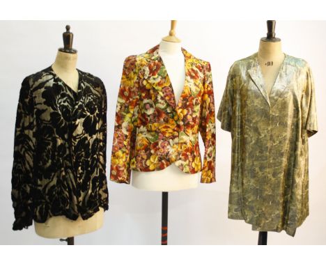 A black crepe evening jacket with embroidered gold and sequin detail; with a 1950s Robell of London patterned metallic short 