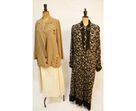 An Edwardian taupe jacket, a 1920s black silk coat with embroidered detail to the collar and cuffs, a white silk blouse, a fi