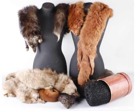 A collection of vintage fur items, including: fox fur stoles, fur muffs, a faux fur wrap and a quantity of other items, (qty)
