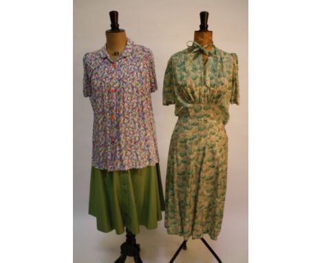 A 1940s Liberty silk floral tea dress, a 1930s pale green chiffon coatee, a 1940s silk dress with a design of pink flowers on