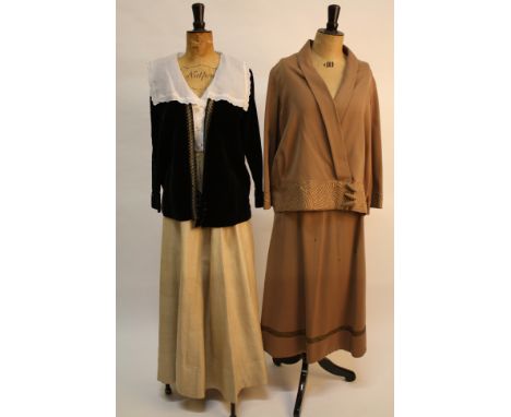 An Edwardian pale brown jacket and skirt with silk braid decoration, an early 20th century striped mauve cotton blouse with m
