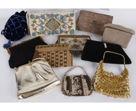A collection of fourteen vintage evening bags, dating from the 1930s to the 1960s, comprising: fabric, sequin, metallic and t