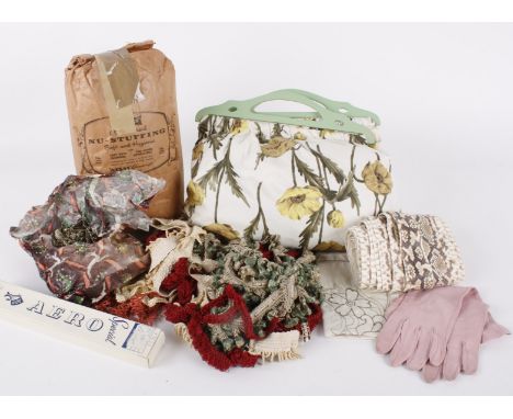 A collection of sewing and craft items, including: sewing threads, 1940s coloured wire for 'make do and mend' projects, a qua