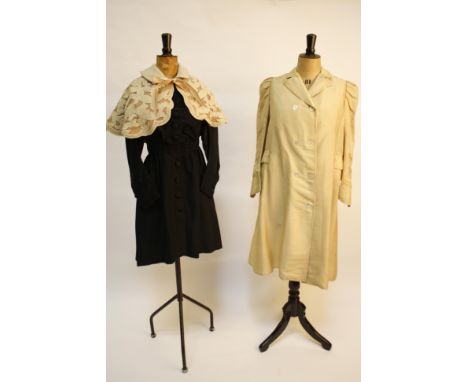 A Edwardian cream linen coat, a black early 20th century costume with lace and stitched detail, an Edwardian pale beige embro