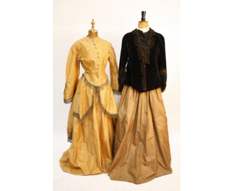 A quantity of 19th century costume, comprising: a Victorian pale orange silk three-piece outfit, a pale grey brocade blouse, 