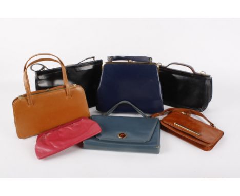 A collection of twelve vintage handbags, including: a black leather bag from Italy with a Lexiapel label, a Harrods leather h