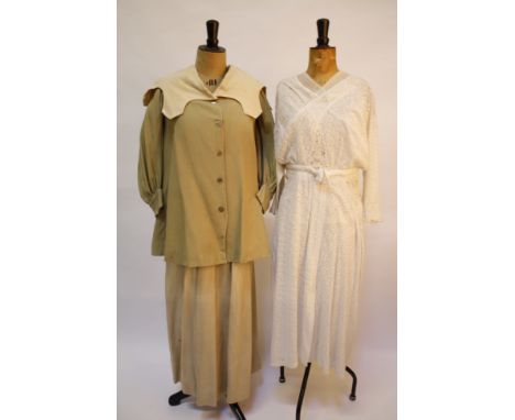 A quantity of Edwardian costume, comprising: a white cotton dress, an eau de Nil voile skirt with lace detail, a grosgrain ol