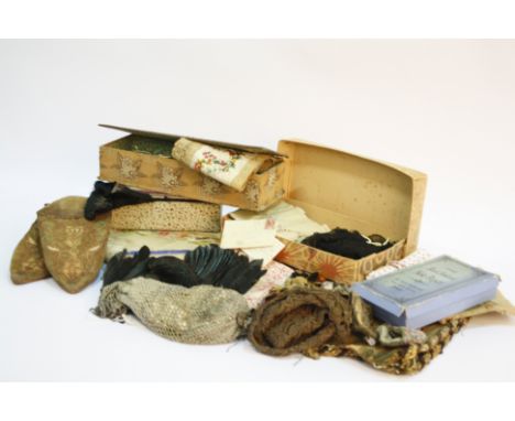 A French early 20th century fabric covered box; together with a pair of velvet embroidered slippers, French silk covered butt