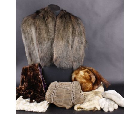 A fur muff with an animal head detail; together with a quantity of vintage fur capes, collars, gloves, (qty).