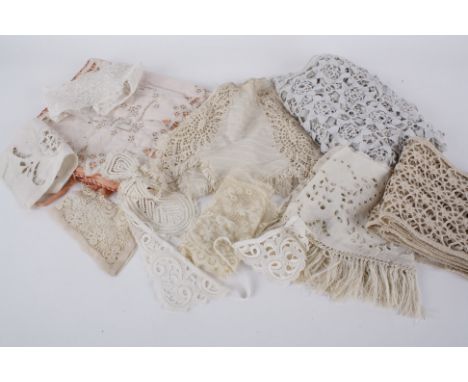 A collection of French late 19th and early 20th century crochet work and lace, including: trimmings, edgings, broderie Anglai