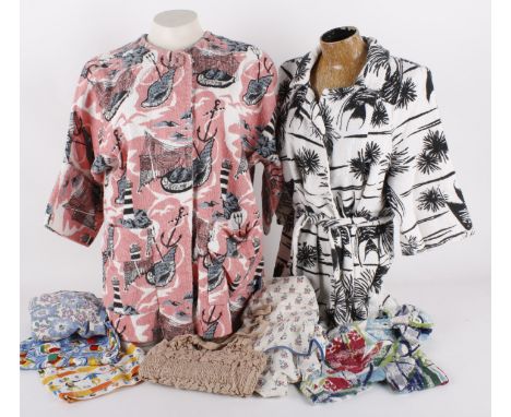 Swimwear for adults and children, including: a 1940s floral beach top and shorts, a silk wrap, a quantity of early/mid 20th c
