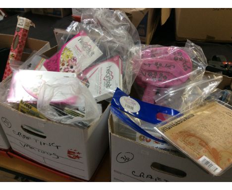 Three boxes of various crafting materials including pegs, glitter, kit for a Victorian style Etui, Heartfelt creations stamps