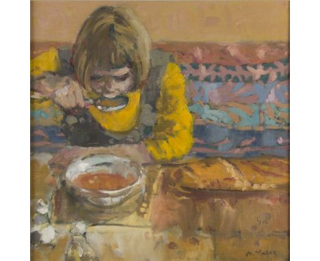 ANTHONY YATES R.B.A., R.B.S.A. (b. 1957) Framed, signed, oil on board, titled verso, 'Little Girl Eating Soup', portrait of y