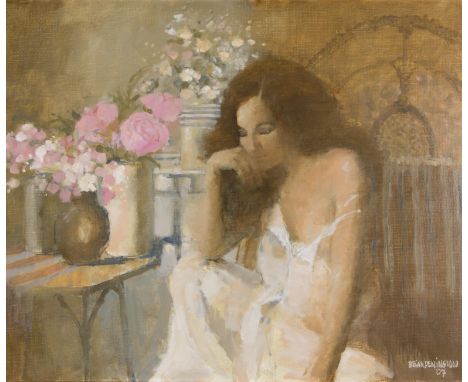 BRIAN DENINGTON (b. 1944) Framed, signed, dated 2007, oil on canvas, 'Caroline with Roses', portrait of woman with downcast g