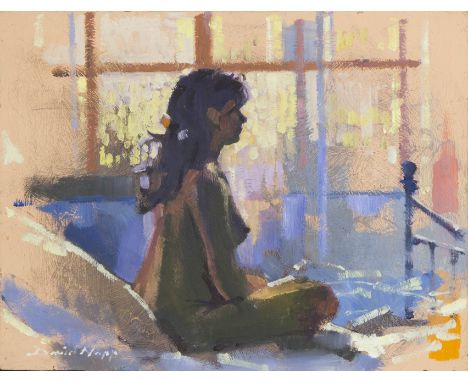 DAVID NAPP (b. 1964) Unframed, signed, Contemporary oil on board, 'Portrait of Lisa', female nude seated on bed before window