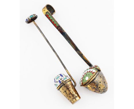 Two Russian gilt metal and enamel tea infusers, stamped 916, (2).
