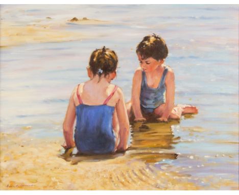 PAUL GRIBBLE (b. 1938) Framed, signed, oil on canvas, two young children playing in the sea shallows at the beach. Bristol bo