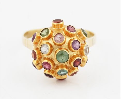 A multi-gemstone dress ring, of hemispherical design set with various round cut gemstones to include amethyst, peridot and ga