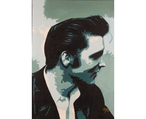 Unframed, indistinctly signed, Contemporary oil on canvas, bust length portrait of Elvis Presley (1935 - 1977) in profile, 92