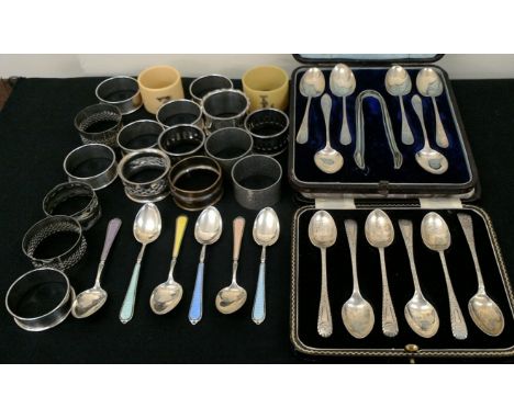 A lot to include a set of six silver and enamel spoons, hallmarked Birmingham 1938, a boxed set of six hallmarked silver engr