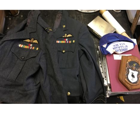 Two post war RAF tunic and trousers uniforms from Flt Lt R. W. Everson together with presentation cigarette box, plaques, cer