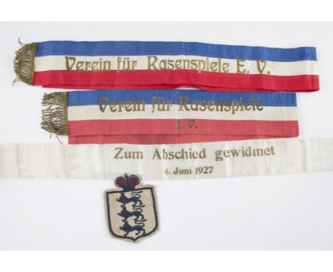 A group of early 20th Century football items related to Joseph Bache to include 1900’s cloth International three lion crest a