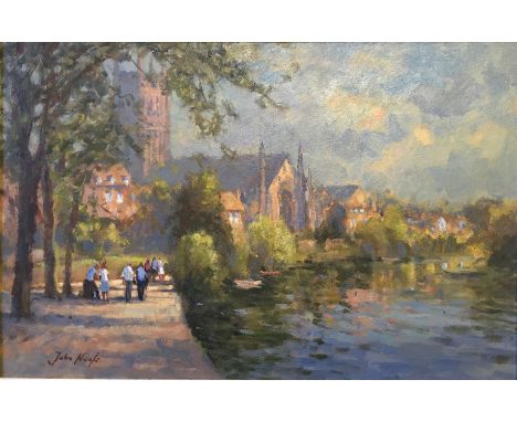 JOHN NEALE. Framed, signed, 20th Century oil on board, inscribed verso, 'By the River Worcester', figures on path beside rive