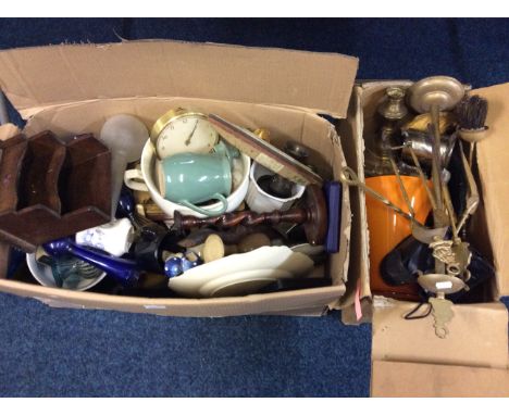 Two boxes of mixed items including a brass companion set, various coloured glass vases, ceramic plates and vases, two cameras