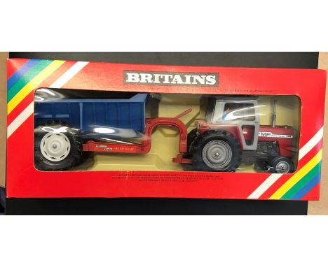 Britain's Toys MF595 Tractor &amp; Rear Dump Trailer. Model 9587 Red/Blue boxed. Very good condition