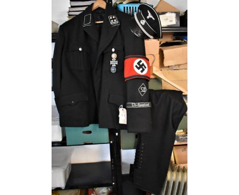German WWII Replica SS Uniform Jacket and Jodhpur trousers and Officers cap, the jacket at the rank of Senior assault unit le