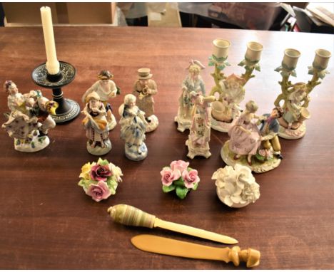 Porcelain Figurines and Candle Stick holders (16) an attractive collection of classical baroque figures, two book marks one b