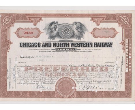 Bonds/share 1947 Chicago and Western Railway Company Share (Preferred) Certificate. Allegorical vignette