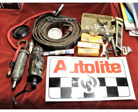 Assorted mostly vintage box - grease gun, inspection light (early), plugs in original plugins, instruments car badge fittings