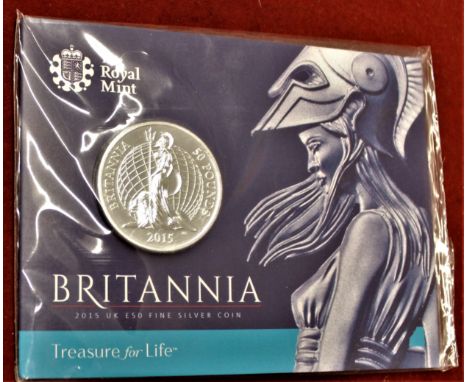 Great Britain 2015 £50 silver coin, The first ever £50 coin depicting Britannia. BUNC in Royal Mint pack of issue. The revers