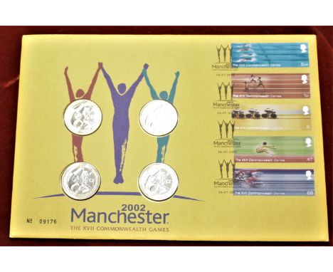 Great Britain 2002 Manchester Commonwealth Games £2 (4) set and stamp set on coin and First Day Cover (£2) all BUNC. Scarce