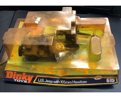 Dinky Toys US Jeep with 105mm Howitzer Model 615. Green. Boxed. Box tatty. Toy VGC with bullets. MB £50. Issued 1968