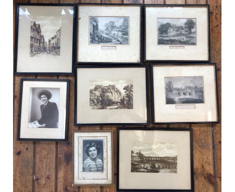 Eight vintage framed photos including a lady and prints of various scenes including "The Old Bridge at Stratford-le-Bow Middl