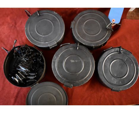 Russian Cold War era RPD Light Machine Gun Drum Magazines with 100 chain link belts inside (5 drums), an excellent group 